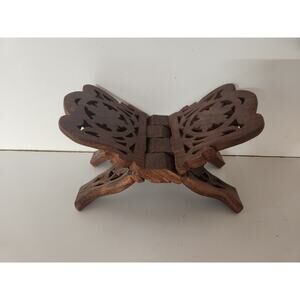 Hand Carved Wooden Folding Cookbook  Stand Rehal Floral Leaf Design 5" W India